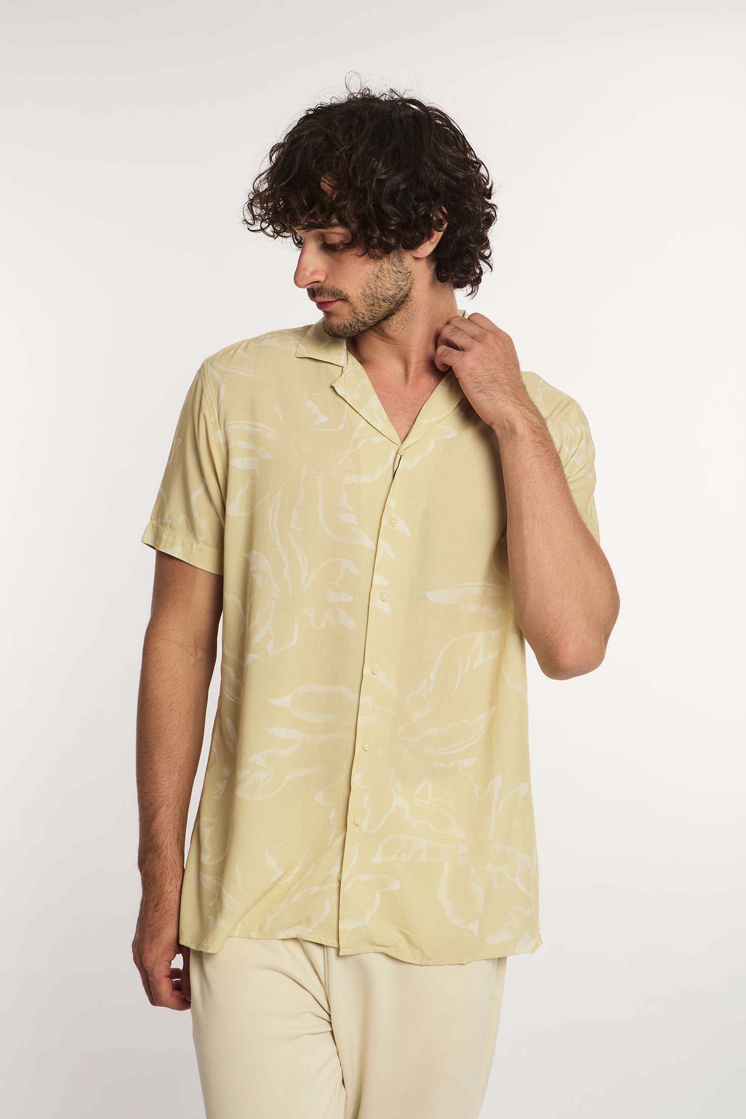 Men Shirt Regular Fit Viscose Short Sleeves Beige