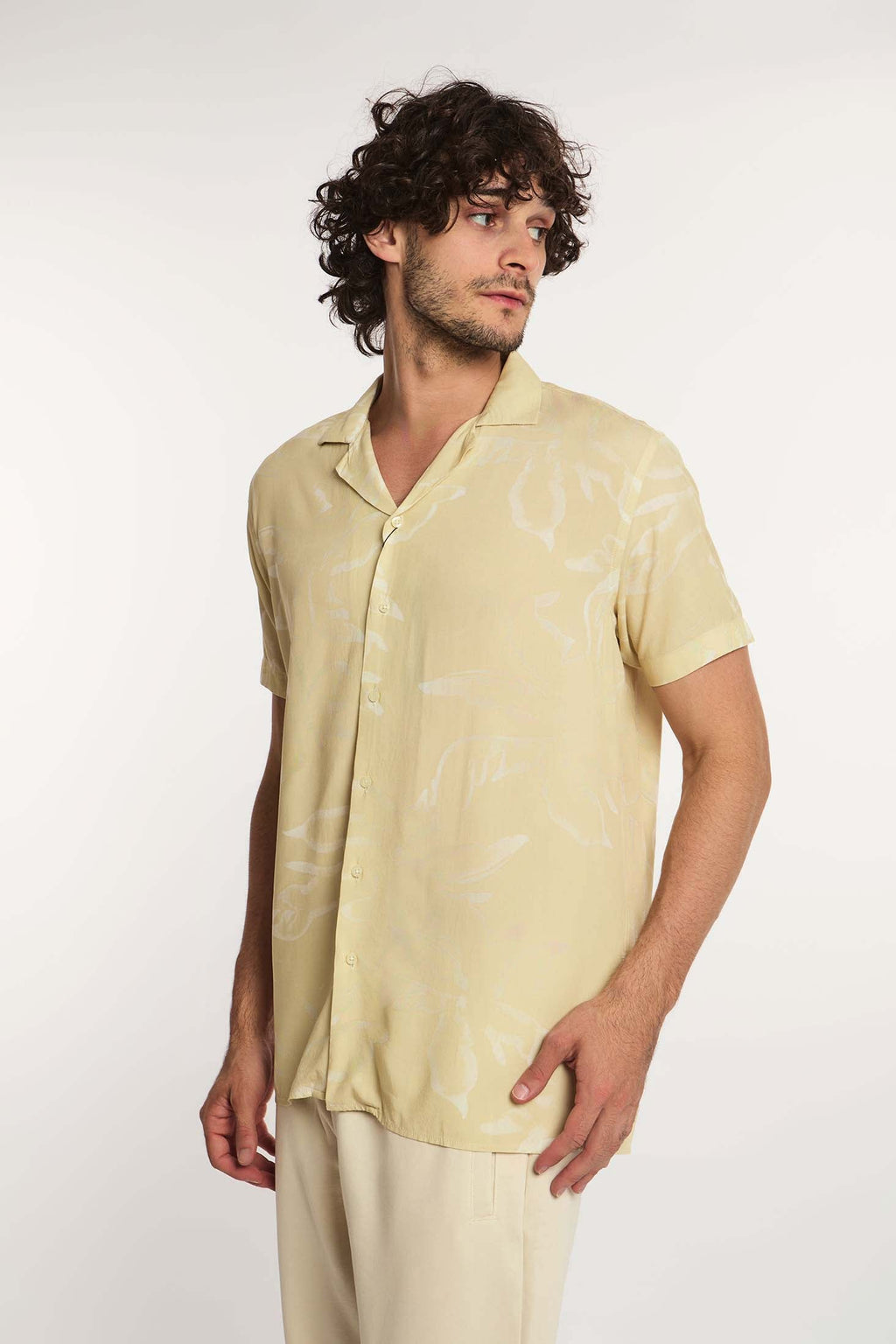Men Shirt Regular Fit Viscose Short Sleeves Beige