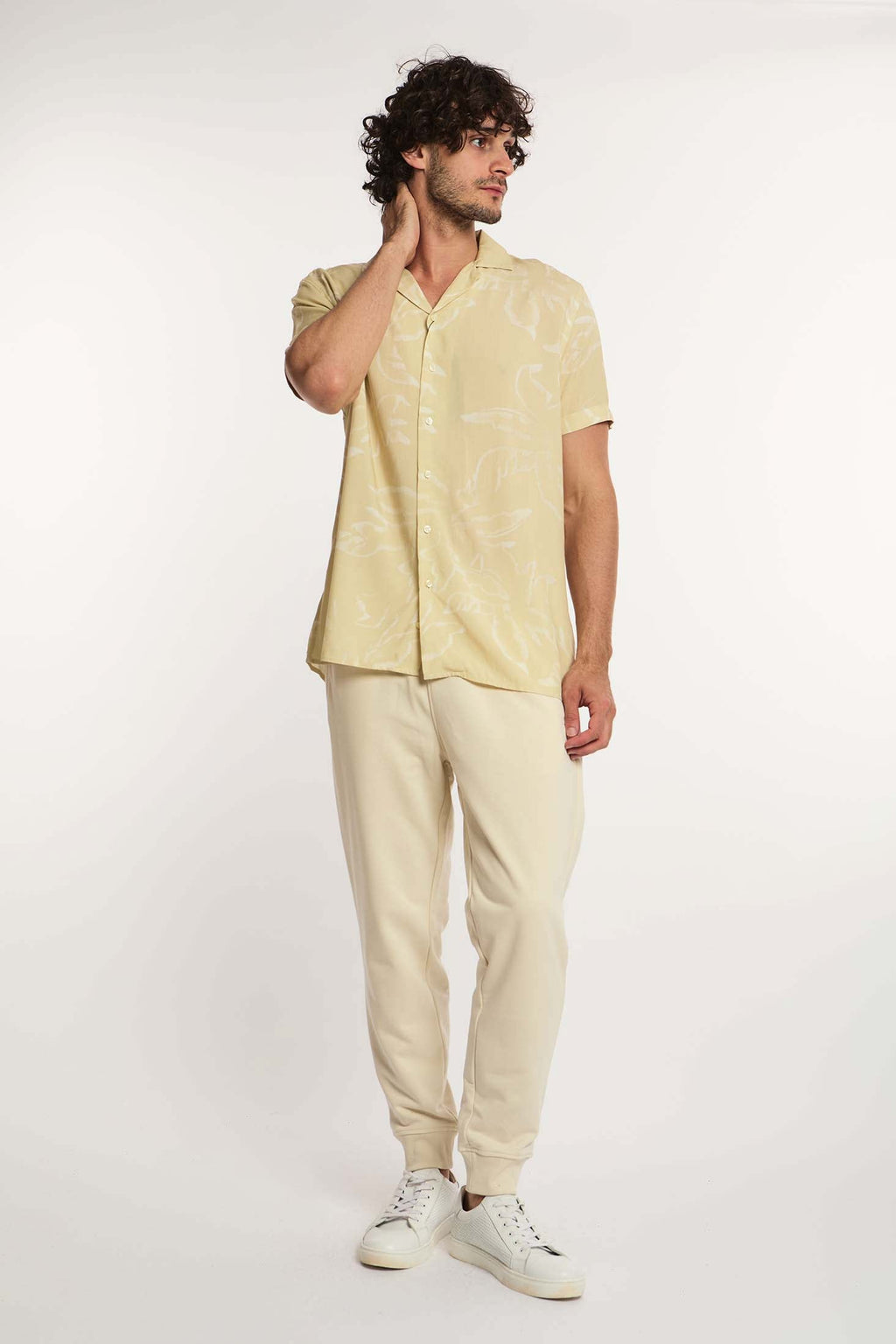 Men Shirt Regular Fit Viscose Short Sleeves Beige