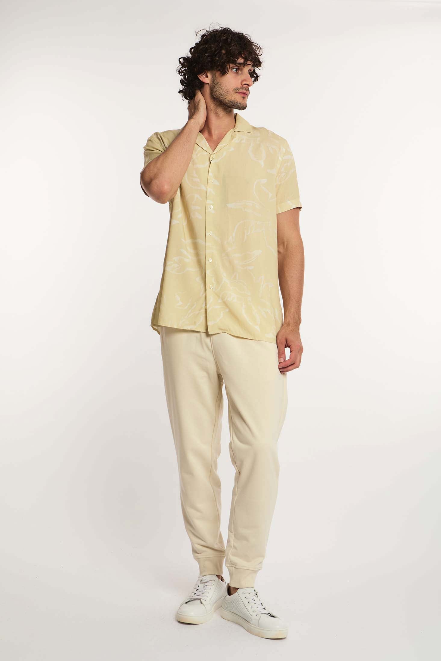 Men Shirt Regular Fit Viscose Short Sleeves Beige