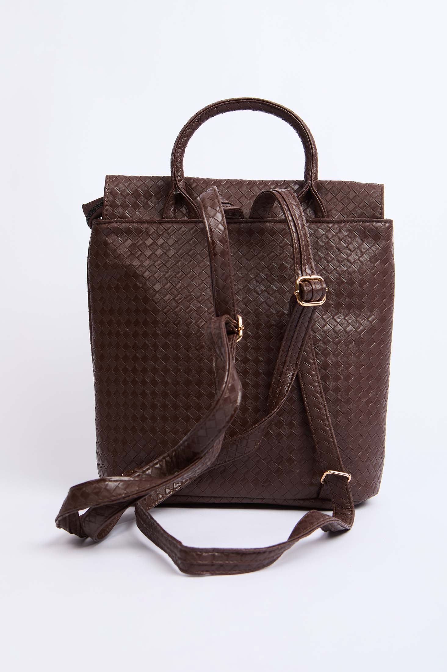 Women Faux Braided Leather Backpack Brown