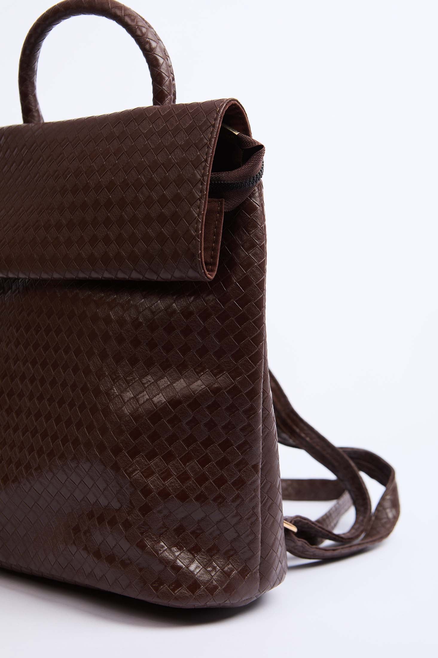 Women Faux Braided Leather Backpack Brown